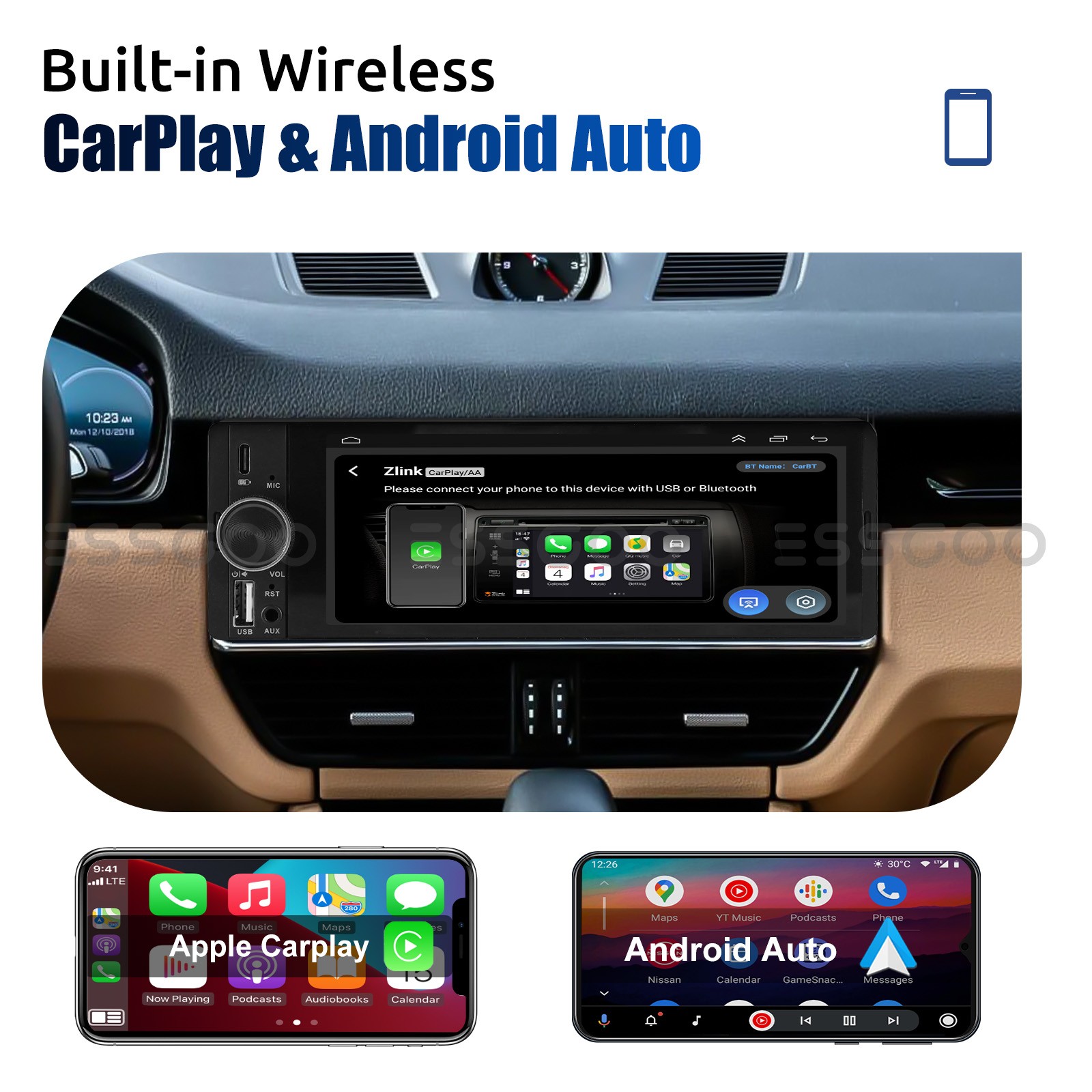 6.36" Single Din Car Stereo Wireless CarPlay Android Auto Radio Bluetooth MP5 FM