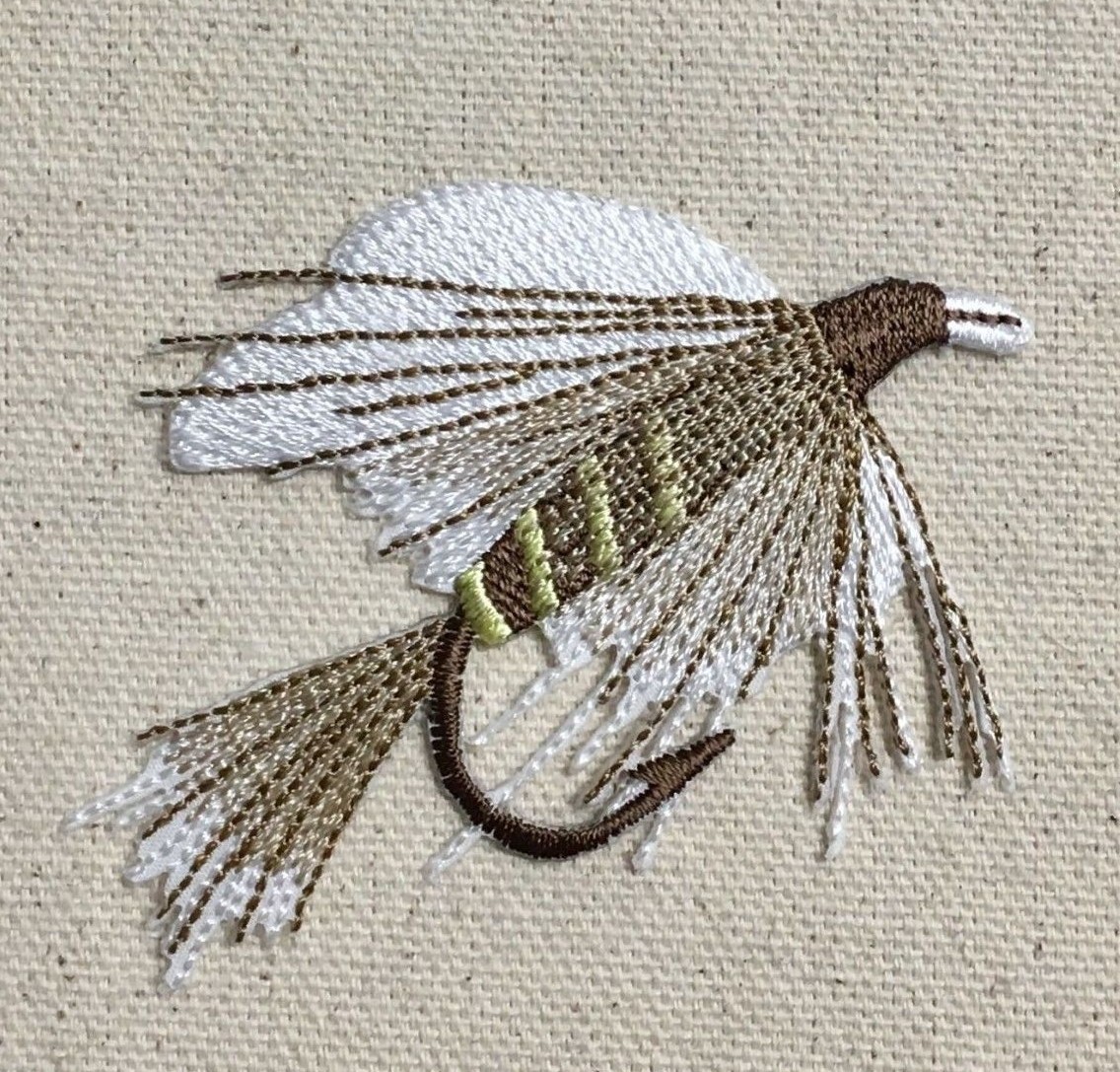 L - 3" Fly Fishing Lure White/Brown Angling Iron on Applique/Embroidered Patch