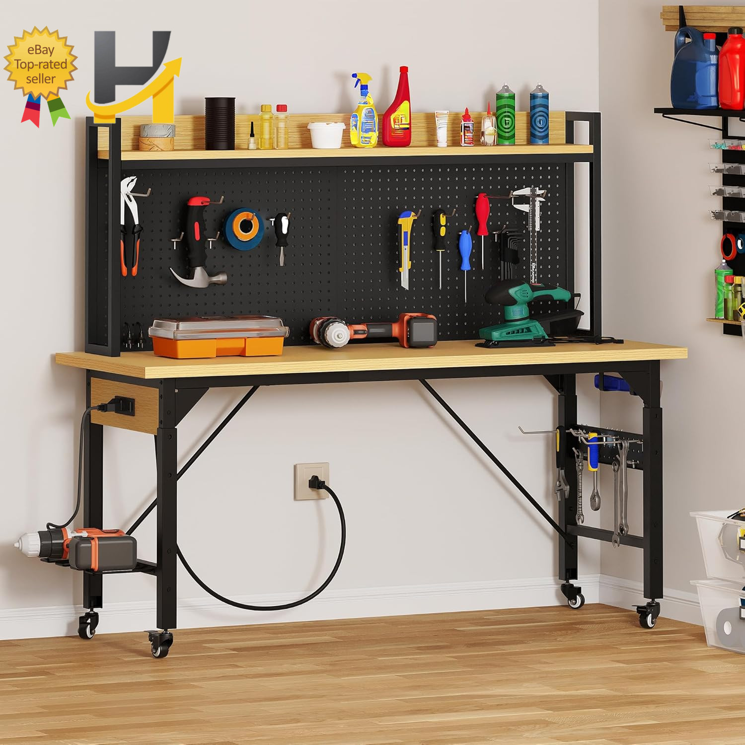 60In Adjustable Workbench with Pegboard & Wheels 1600Lb Load Rolling Work Table