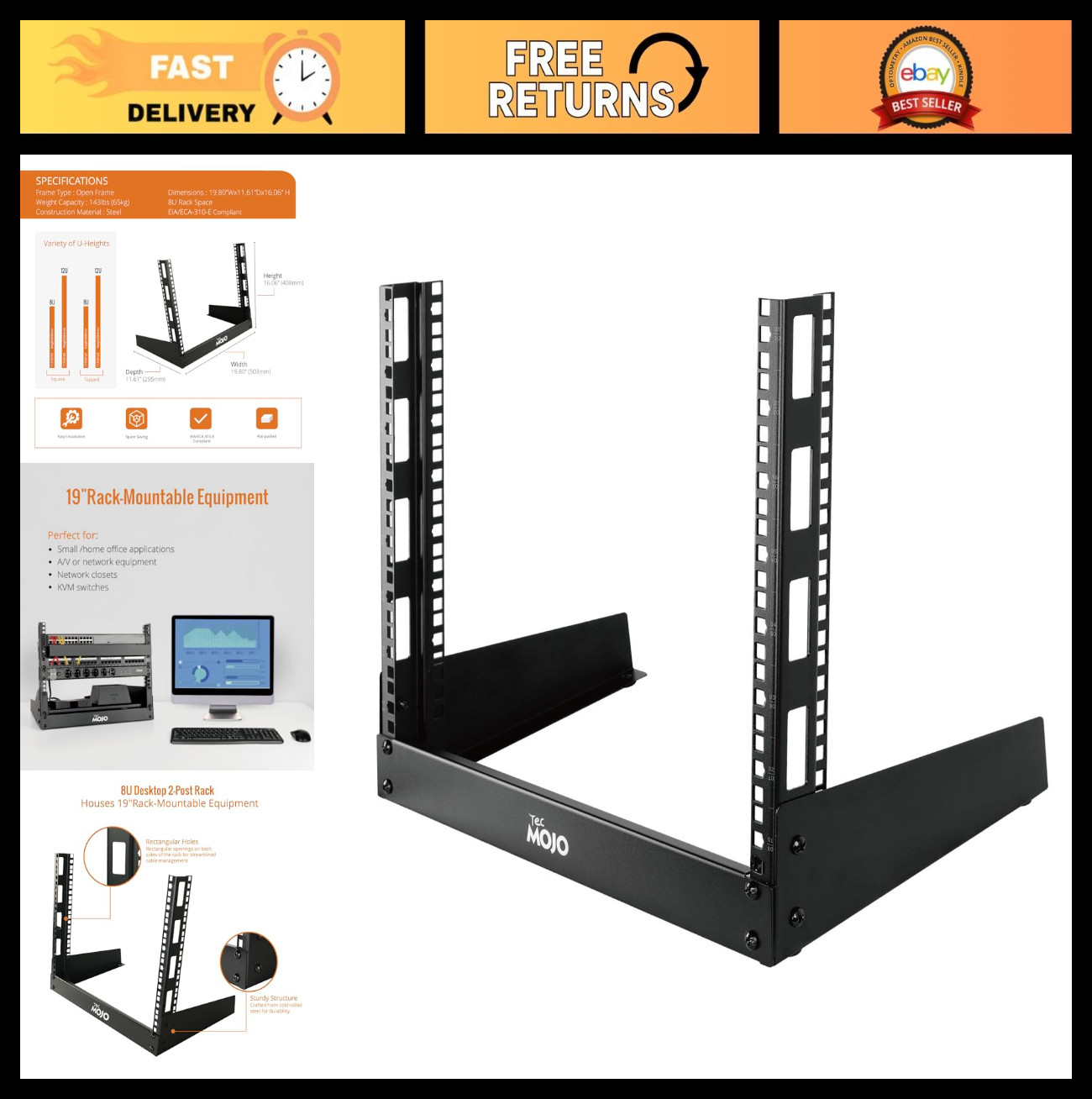 8U Desktop Server Rack - Small Open Frame for 19" AV/Data/Audio Equipment, Free