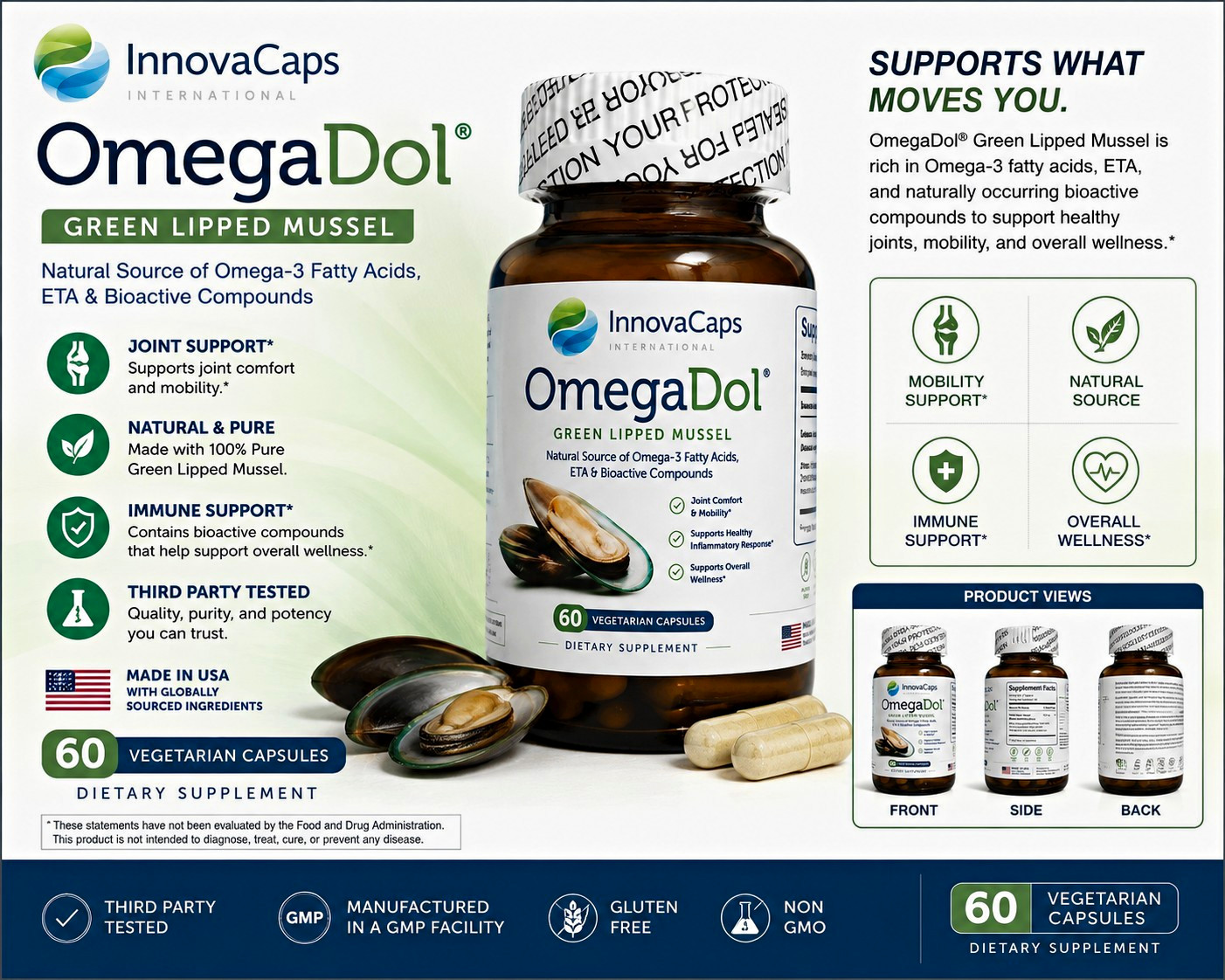 InnovaCaps OmegaDol Green Lipped Mussel Extract 750mg 60 Veg Caps Non-GMO