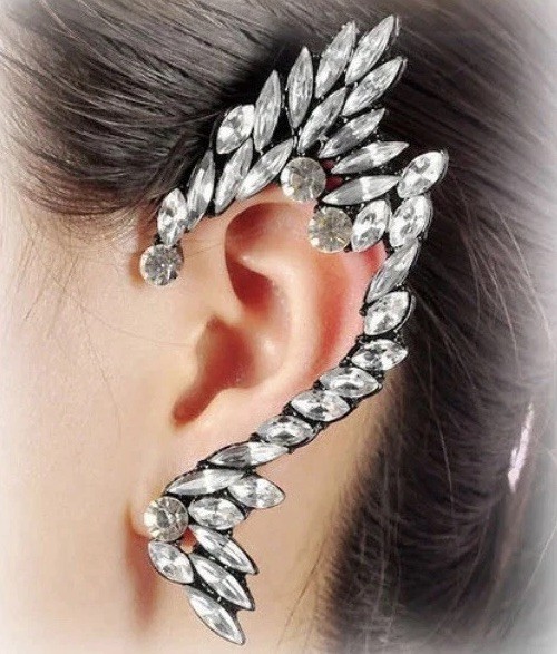Black Rhinestone Wing Ear Cuff Crystal Angel Climber Earrings Whimsigoth punk