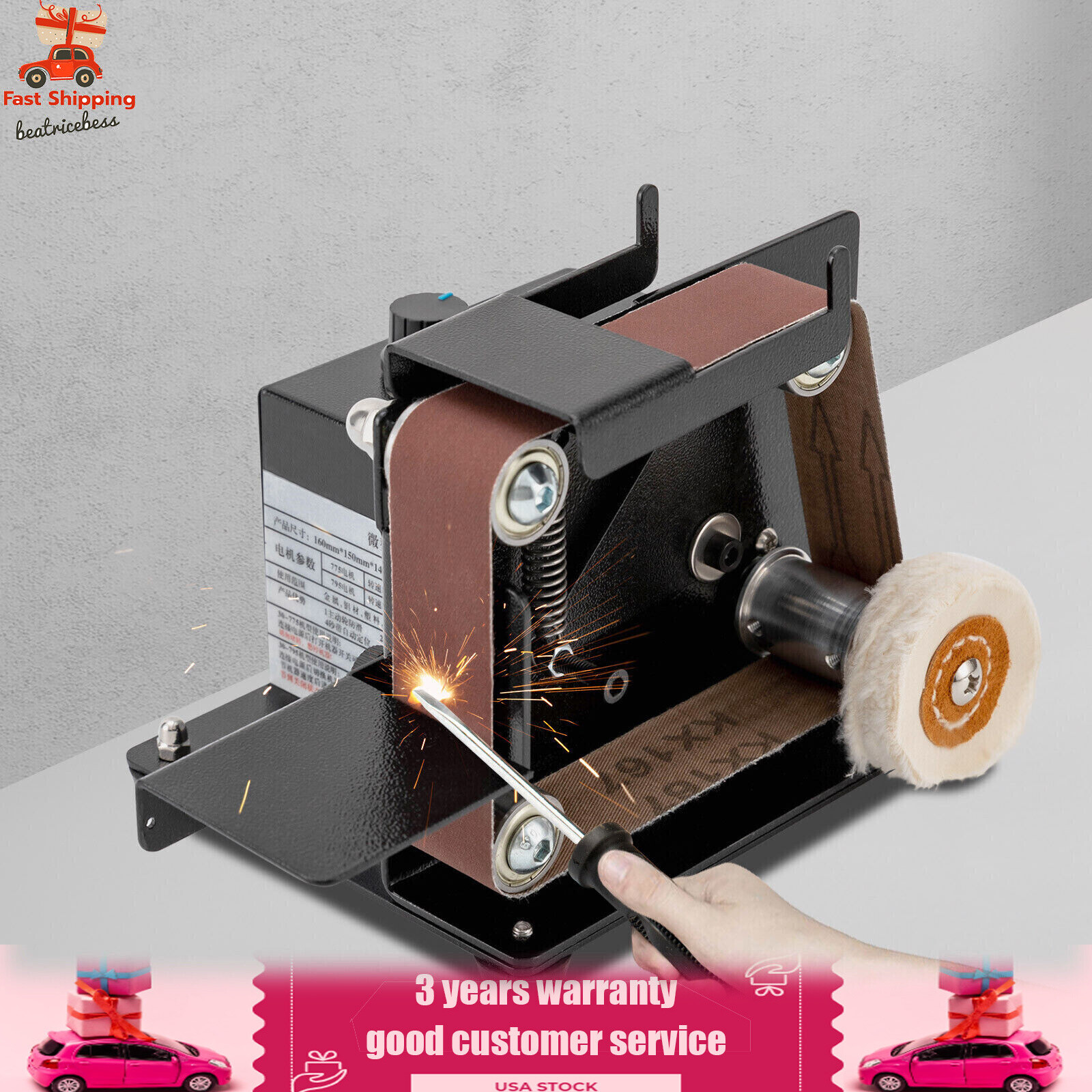 Electric Polishing Grinding Machine with 10PC Abrasive Belt for Wood Metal Knife