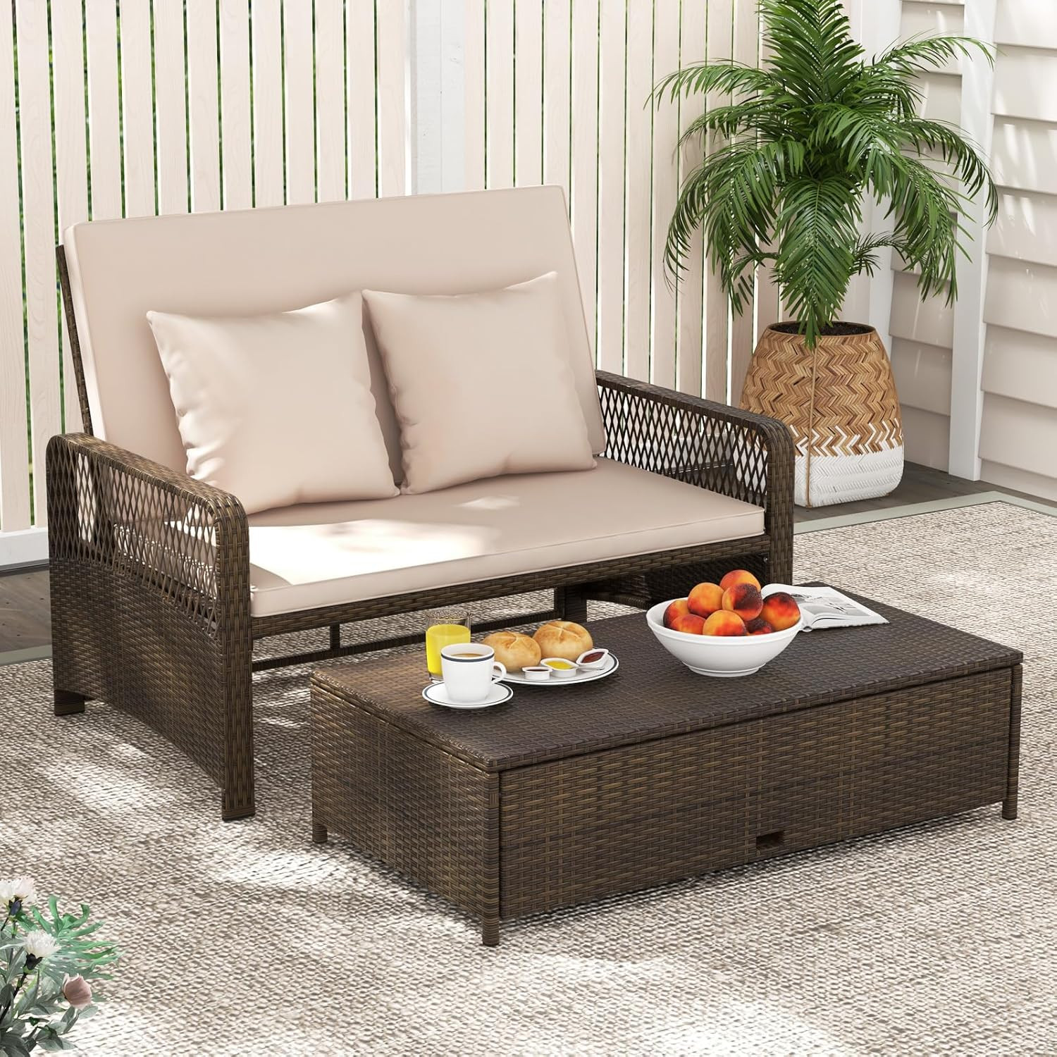 Patio Rattan Daybed with 4-Level Adjustable Backrest, 2-Person Outdoor Wicker Lo