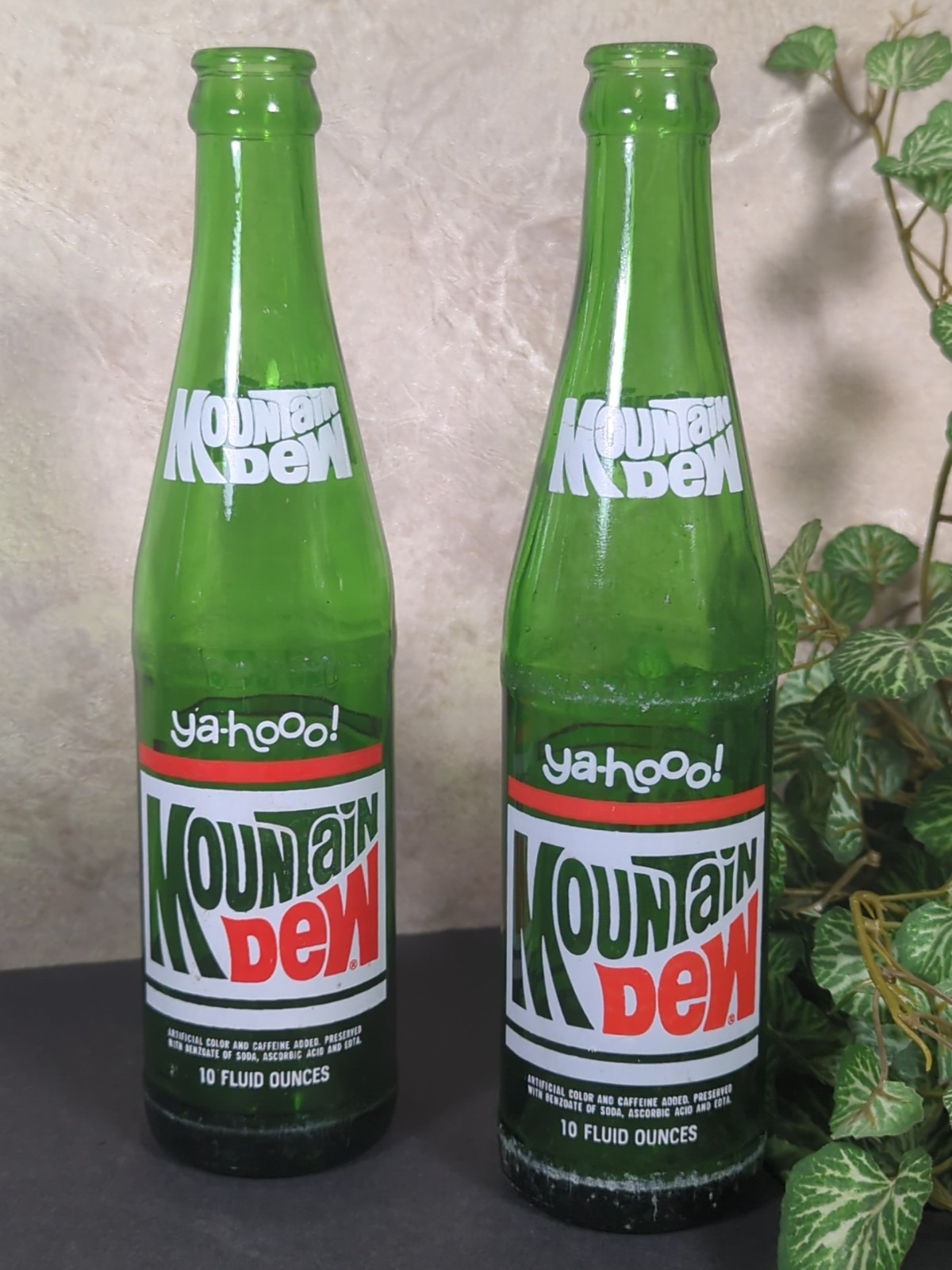 Lot Of 2 Vintage MOUNTAIN DEW "Ya-hooo!" Green Glass Soda Pop Bottle 10 oz 70s