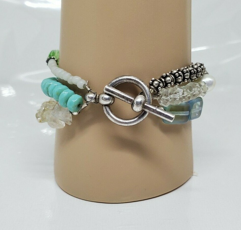 Multistone Teal Blue White Green Multibead Toggle Bracelet 7"