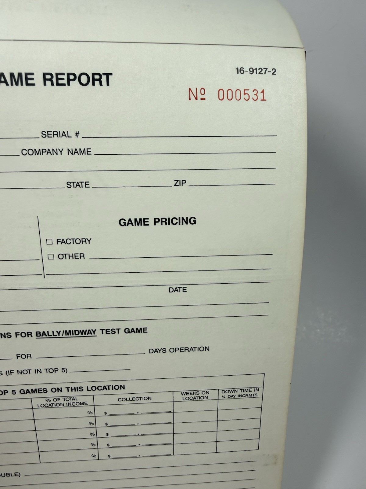 Vintage BALLY/MIDWAY Master Test Report Pinball