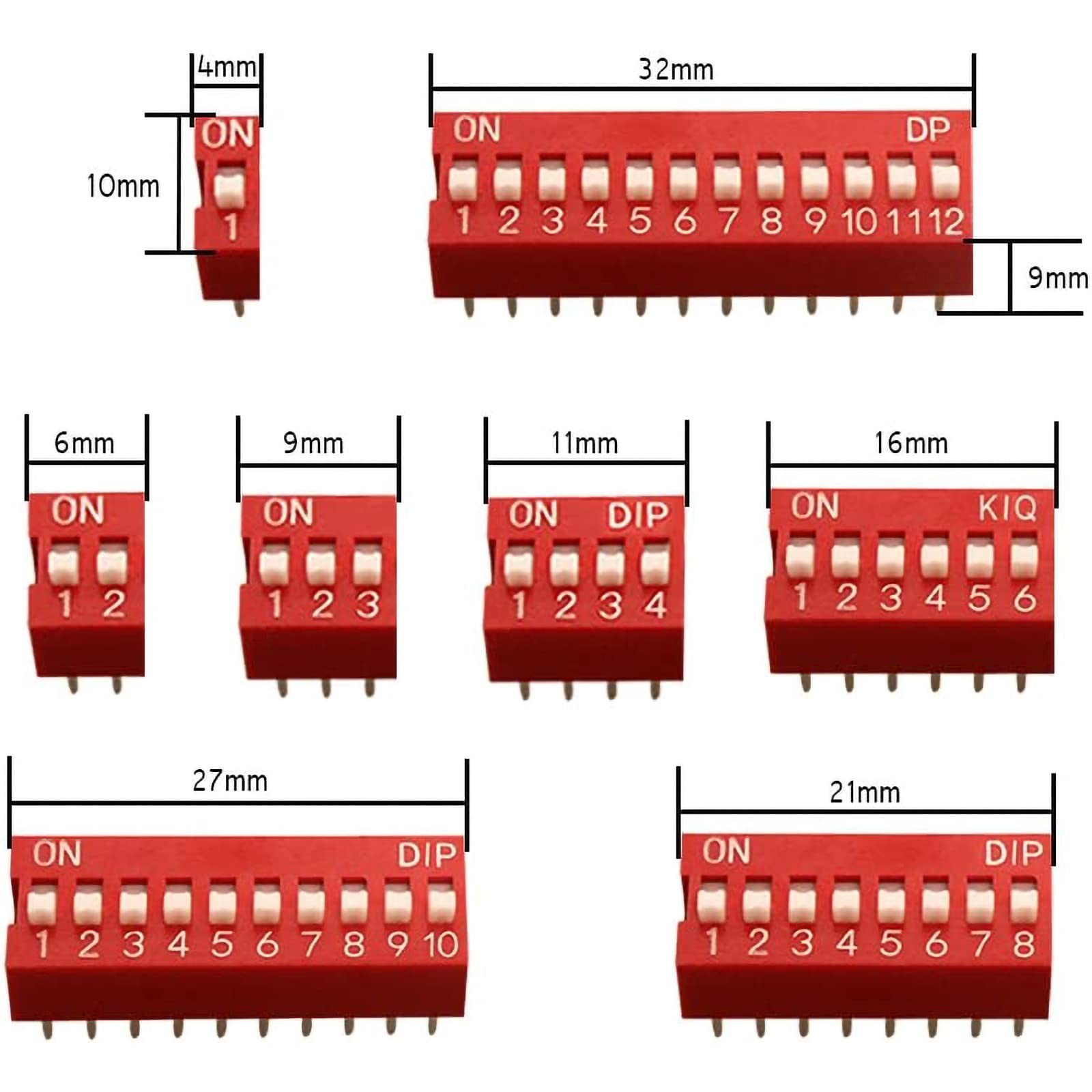 40PCS Double Row Dip Switch Assorted Kit 1 2 3 4 6 8 10 12 Position Red
