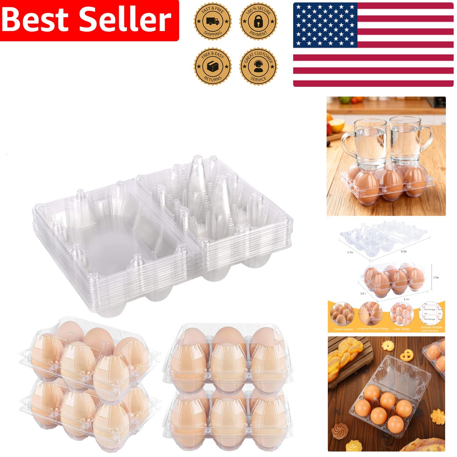 Farmers Market Egg Cartons 6 Count Clear Reusable 12 Pack Plastic Secure Storage