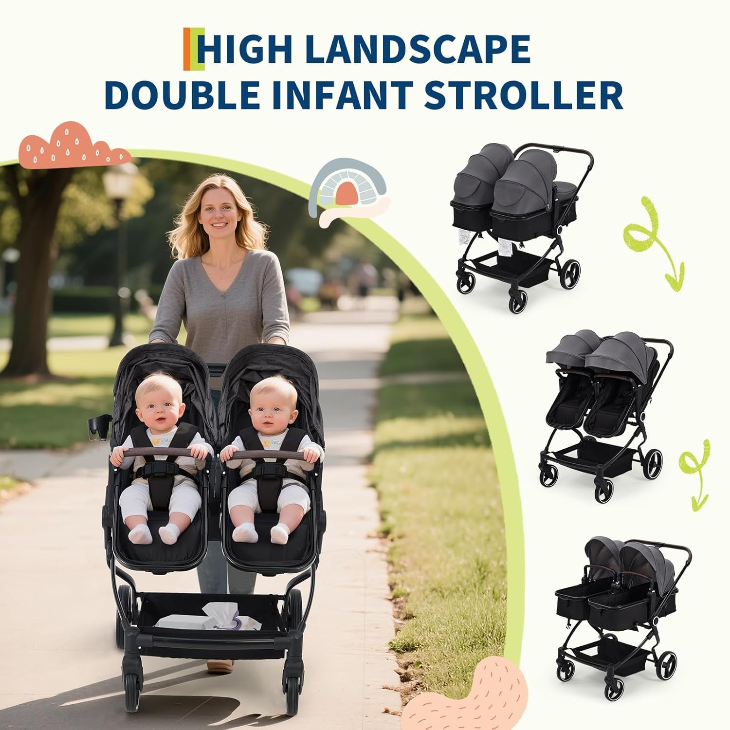 Aluminum Frame Twin Stroller, 5-Point Harness, Adjustable Backrest & All-Weather