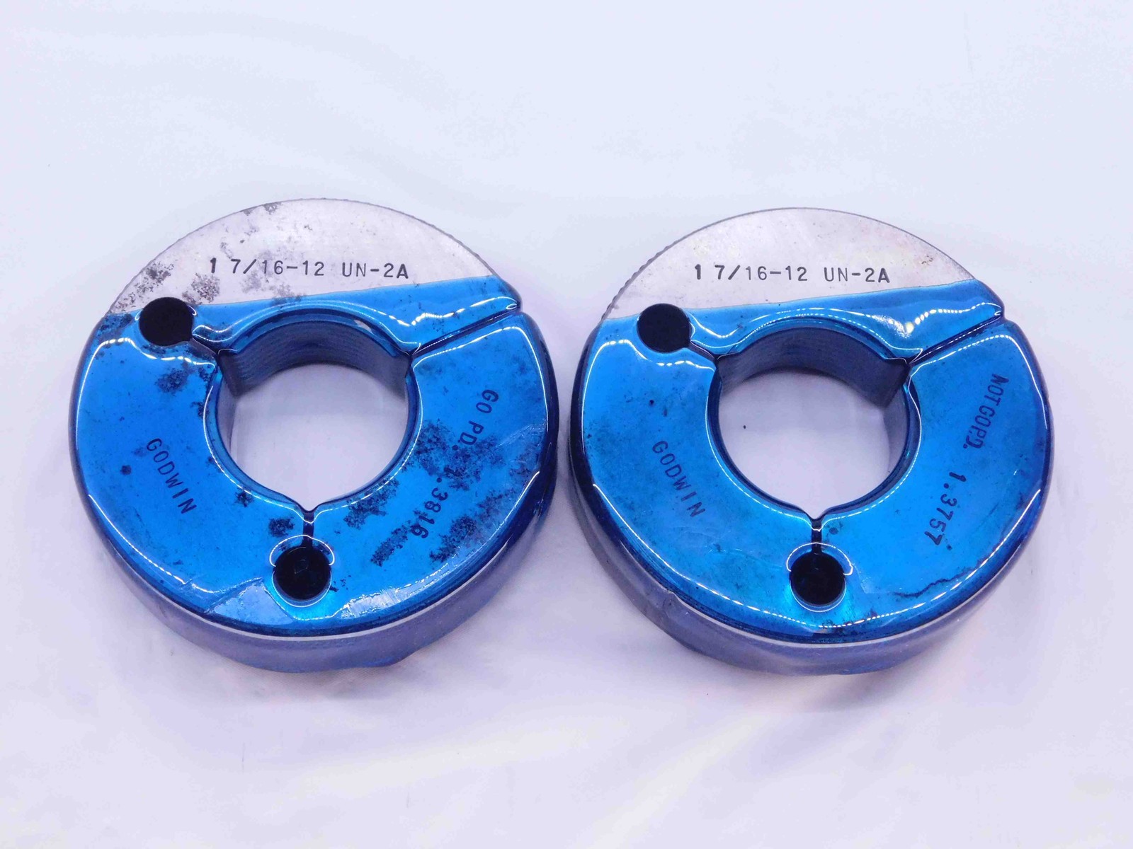 1 7/16 12 UN 2A THREAD RING GAGES 1.4375 GO NO GO P.D.'S = 1.3816 & 1.3757 CHECK