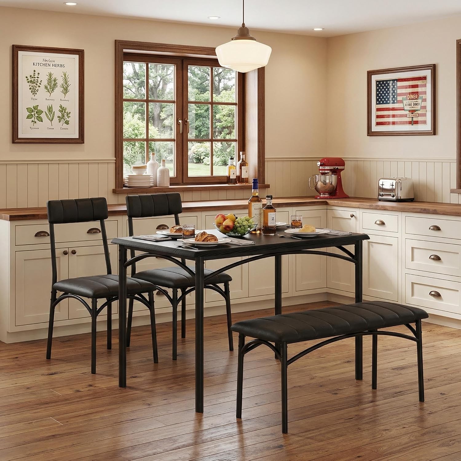 Dining Table Set 4 Kitchen Table W/ Upholstered Chairs & Bench Wood Rectangular