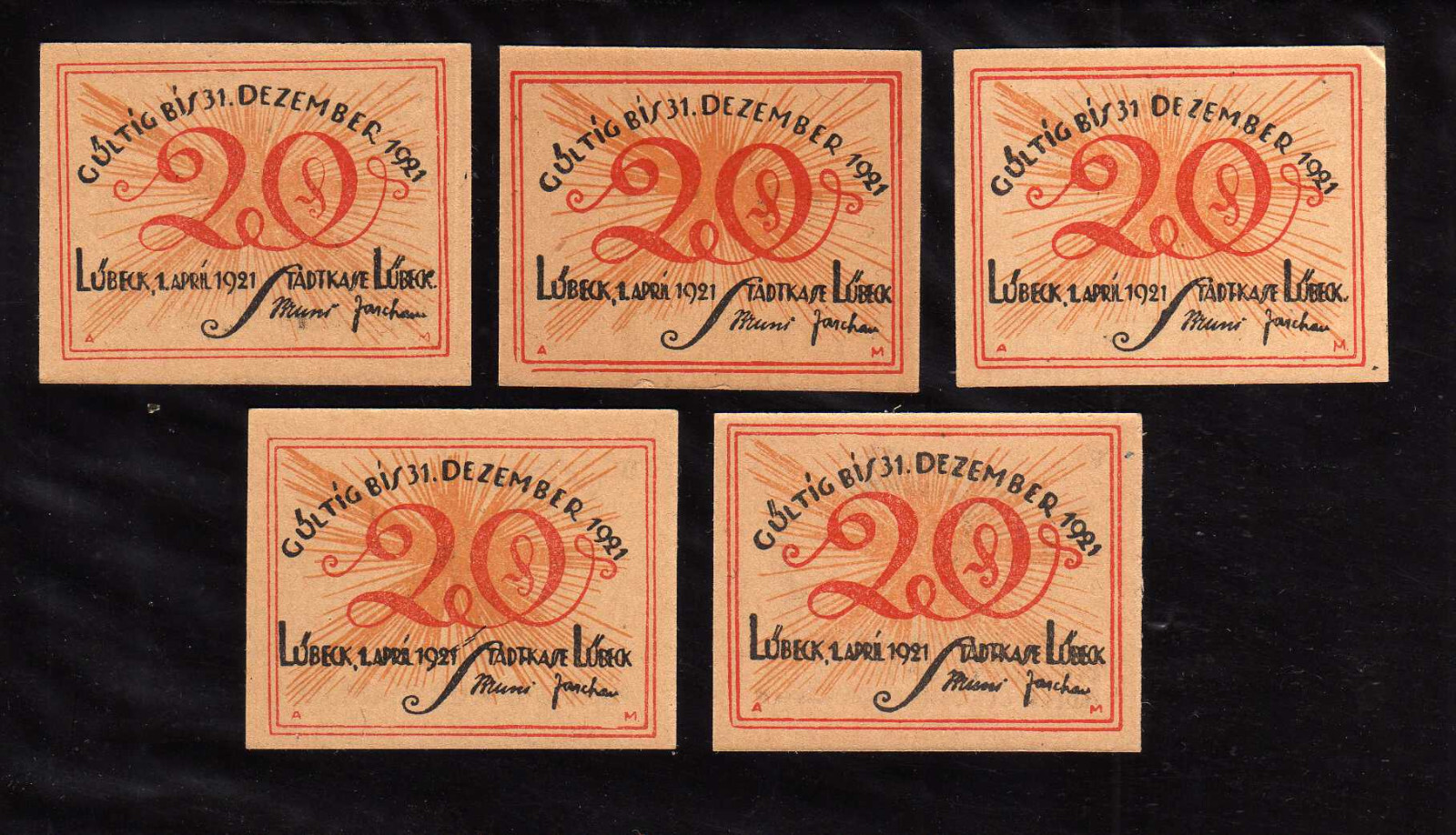 LUBECK - GERMANY NOTGELD - 5 x 20 PFENNIG