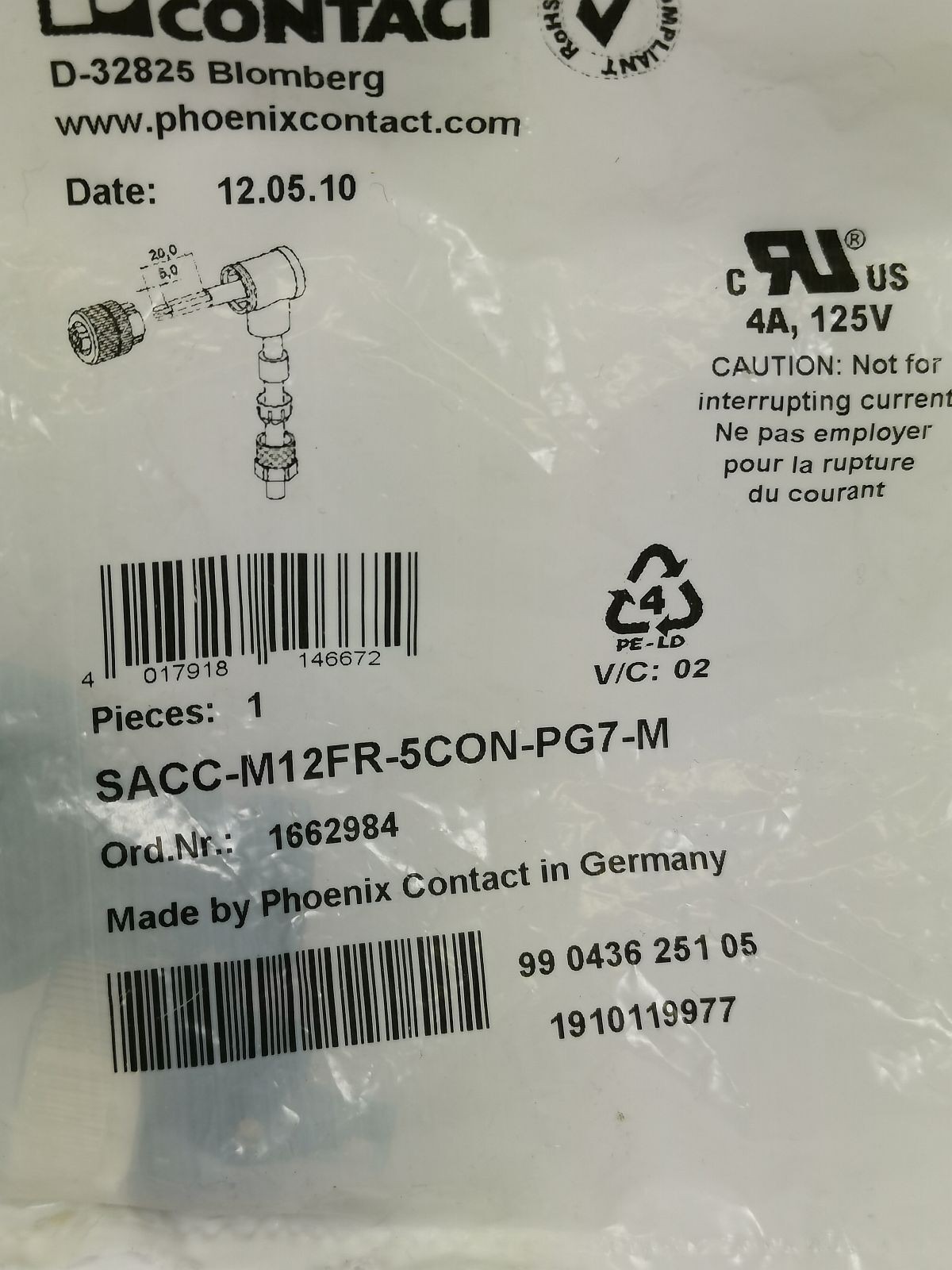 PHOENIX CONTACT SACC-M12FR-5CON-PG7-M 1662984 Connector NEW