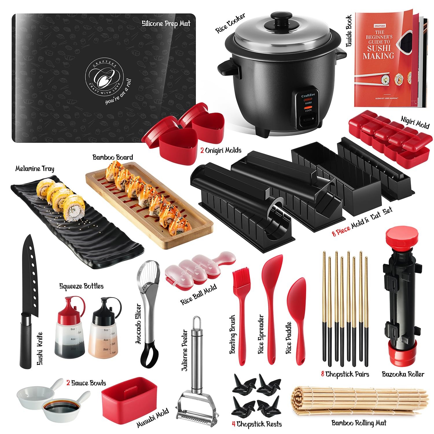 CraftZee Sushi Making Kit - Complete Maker with Bazooka Red/Black