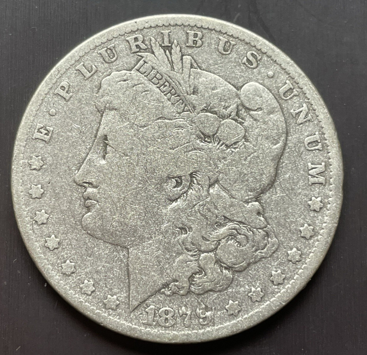 Morgan Silver Dollar 1879 P, Philadelphia Mint, scratch.