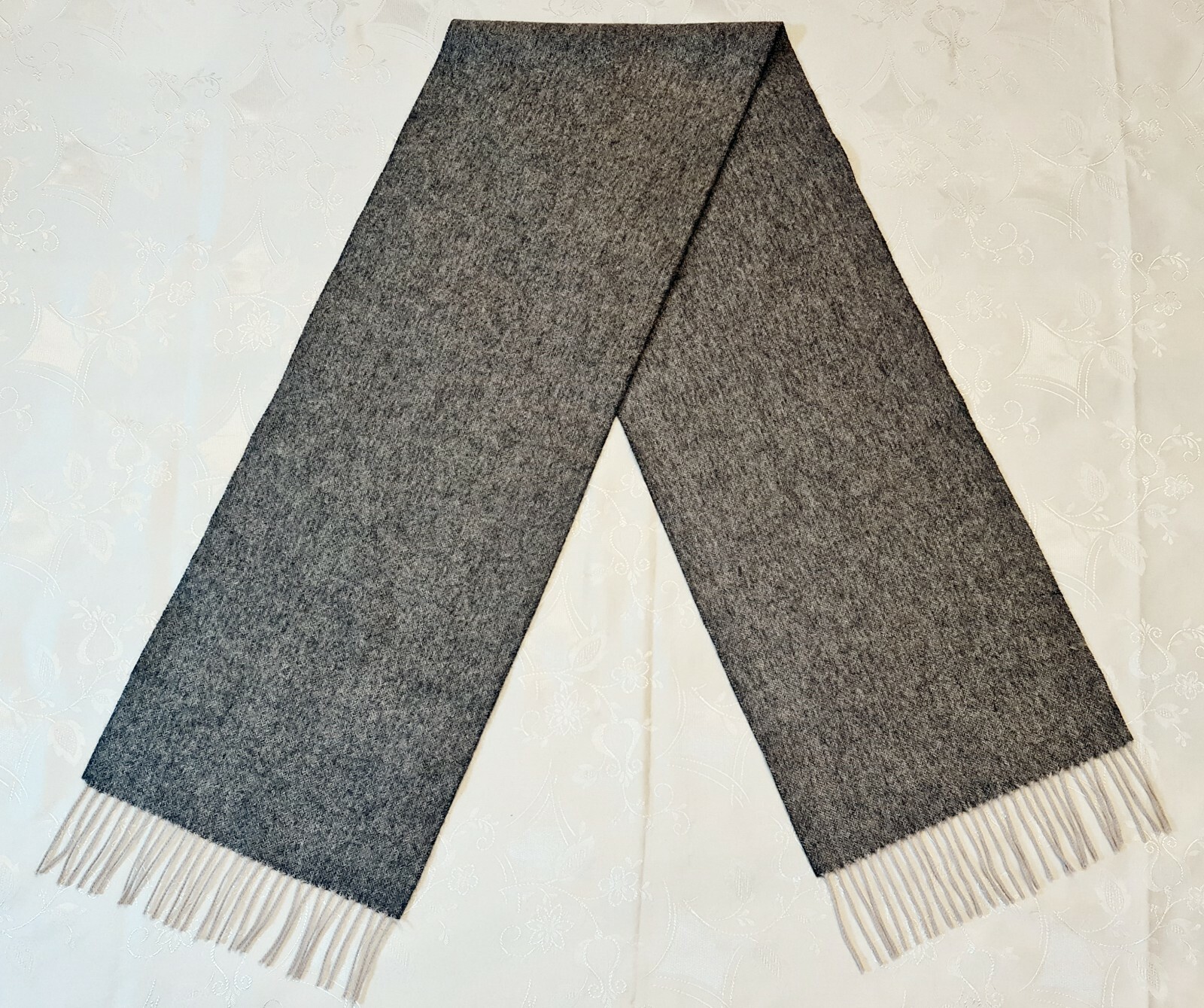 SCARF AUTHENTIC SOLID GRAY FINE WOOL LONG MENS FRINGE