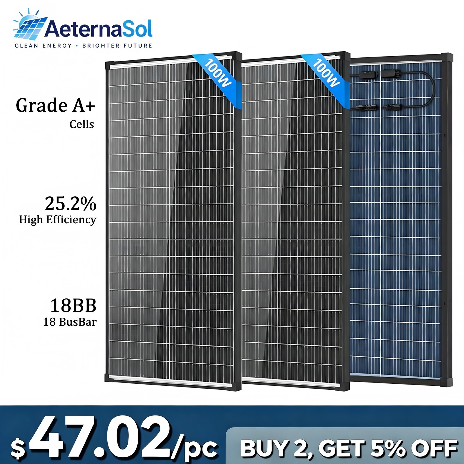 AeternaSol 2Pack 100W Bifacial Solar Panel 200W 18V Mono N-Type Home RV Off Grid