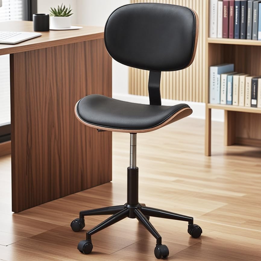 Small Office Chair W/ Bentwood Back Support Armless Desk Chair W/ 360° Swivel