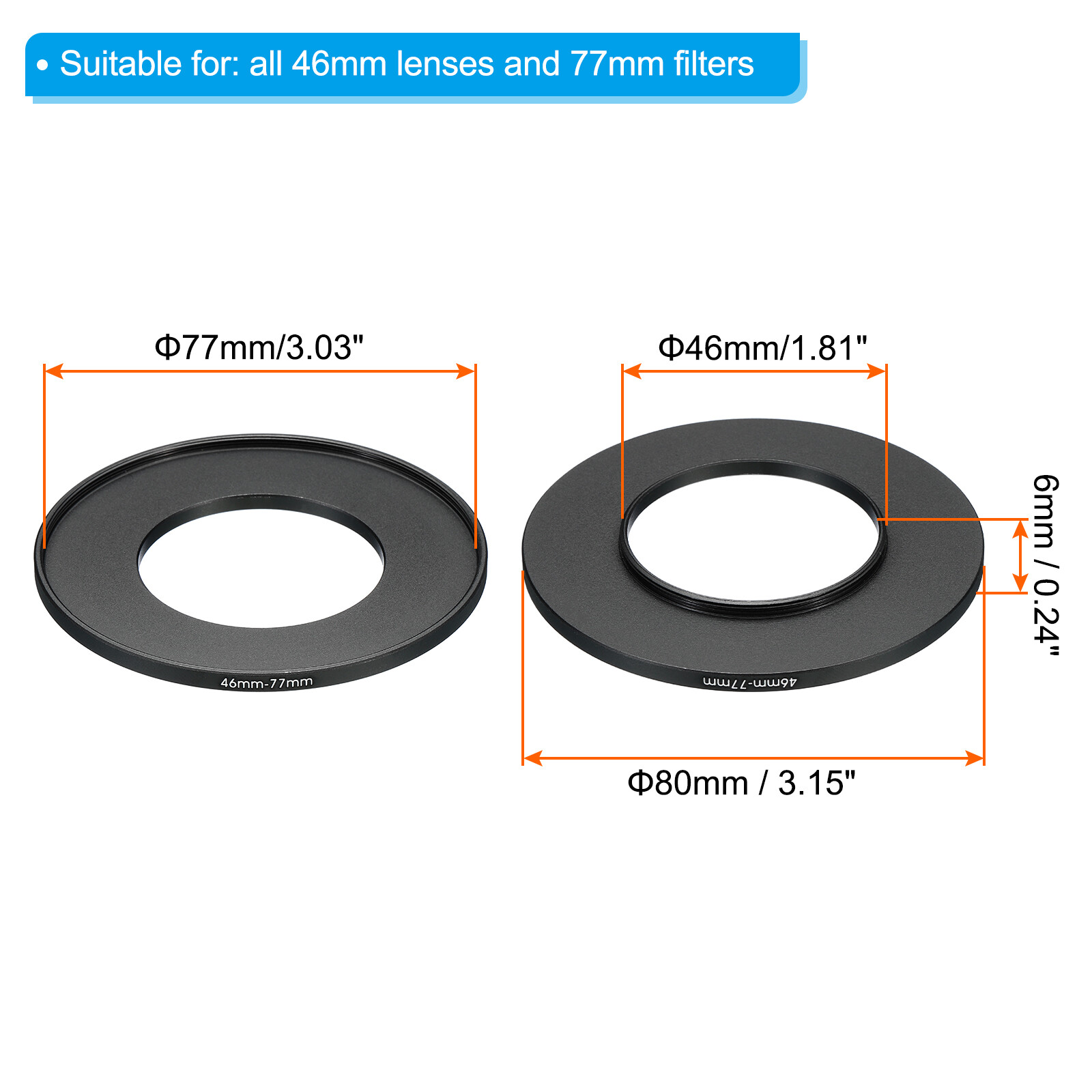 46mm-77mm Metal Step Up Ring, 2 Pcs Camera Lens Filter Adapter Ring Black