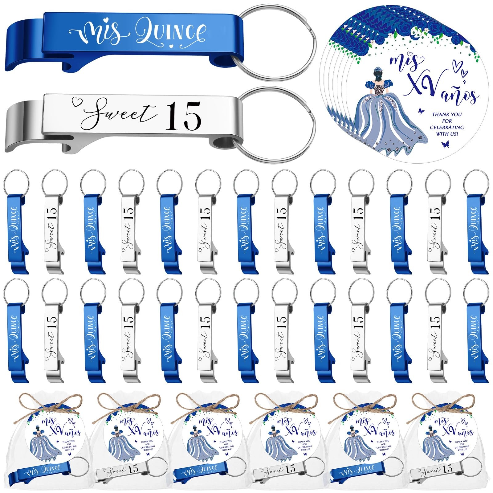 25 Set Quinceanera Party Favors for Guests 15 Years Old Bottle Opener Keychai...