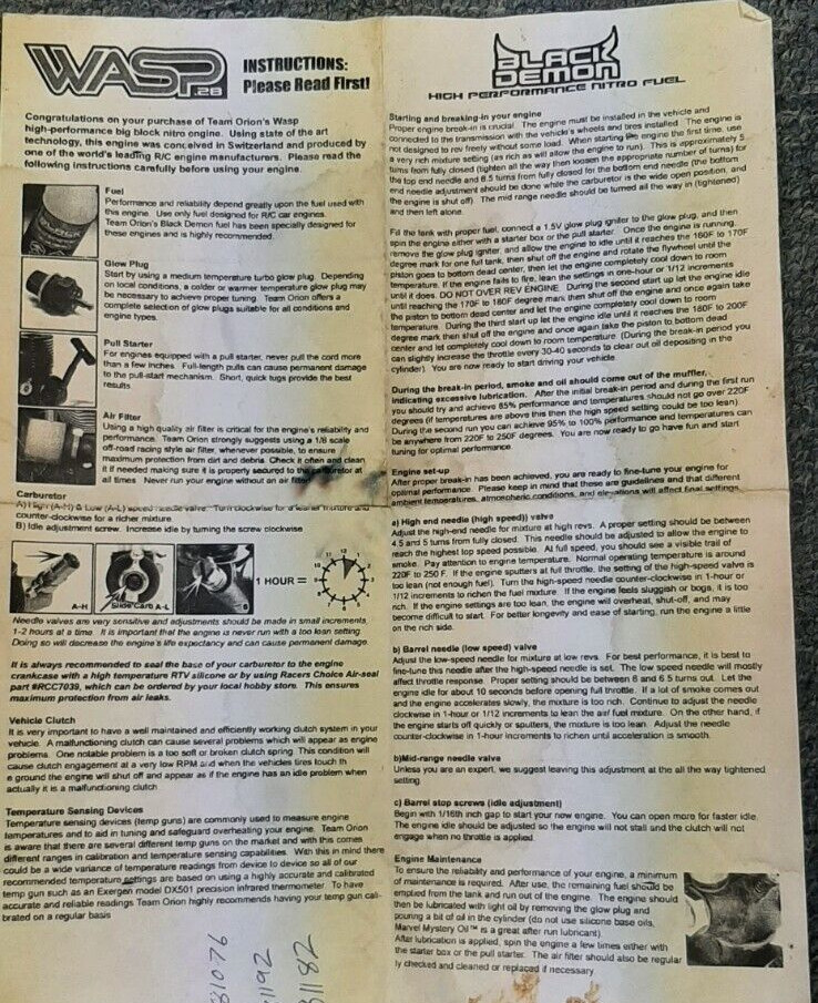 Instructions for Team Orion's Wasp nitro engine