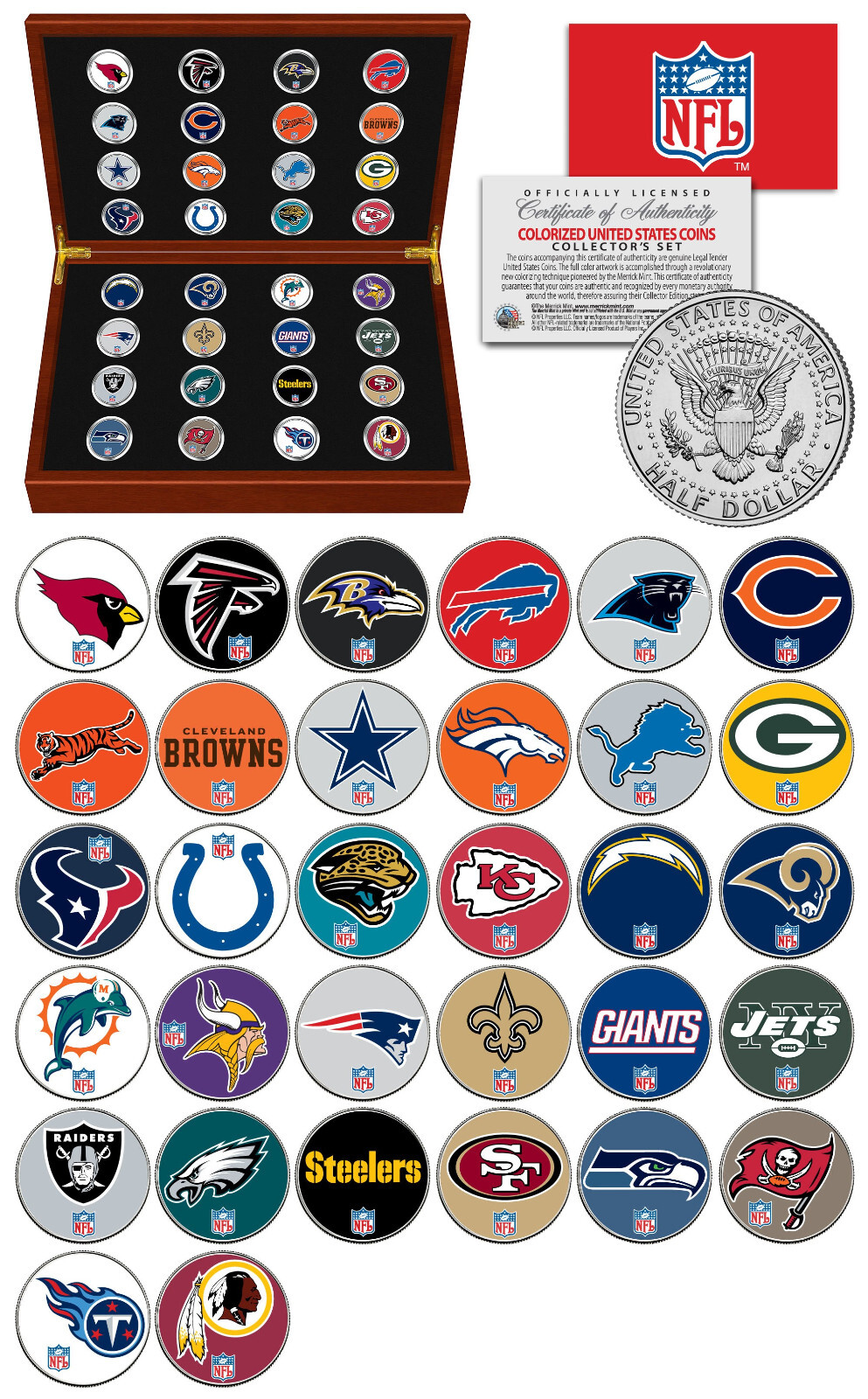NFL FOOTBALL LOGO U.S. JFK Half Dollar 32-Coin Set in Premium Cherry Wood Box