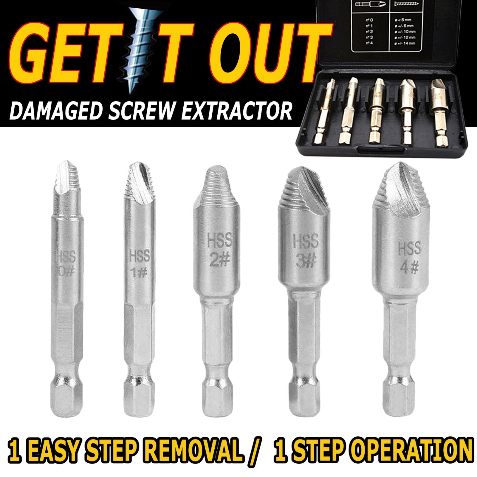 5 Pcs Stud Screw Extractor Remover 1/4 Inch Hex Shank Damaged Bolt Easy Out Sets