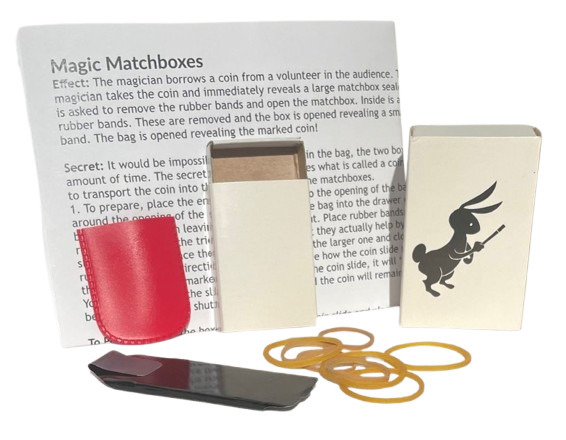 ADAMS MATCH BOX MAGIC TRICK Appearing Coin In Nesting Boxes & Bag Beginner Set