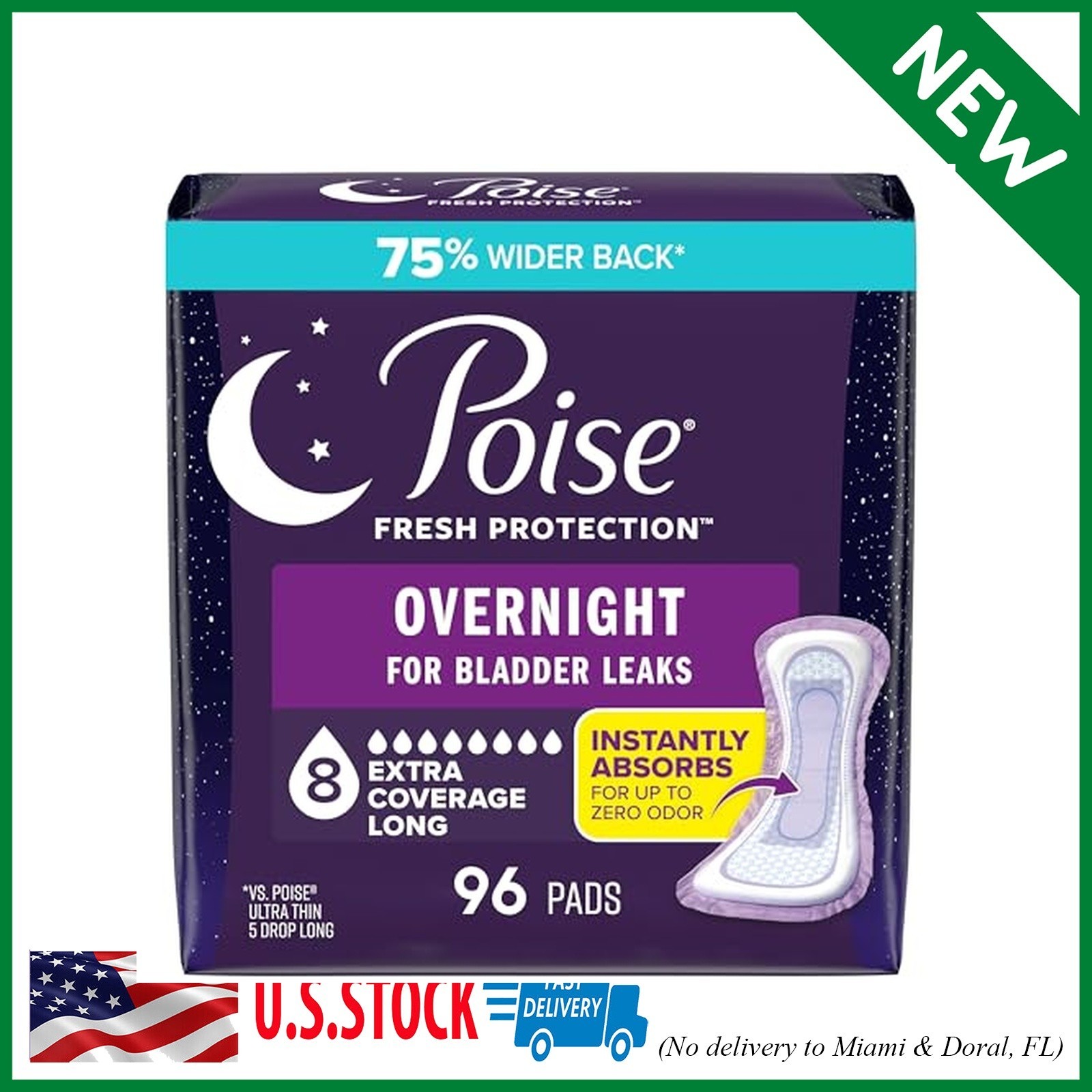 Poise Overnight Incontinence & Postpartum Pads for Bladder Leaks, 8 Drop Extra C