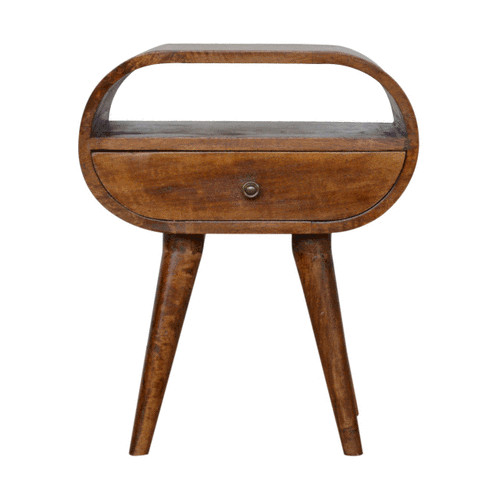 Chestnut Solid Wood Nightstand, Circular Open Bedside Table, 1 Drawer, Mango