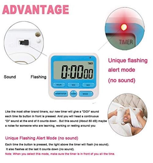Upgraded Digital Kitchen Timer, ON/Off Switch, 12/24 Hour Clock and Silent Blue