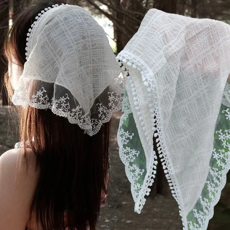 Sweet Lace Headscarf Women Girls Korean INS Pastoral Style Summer Triangle Scarf