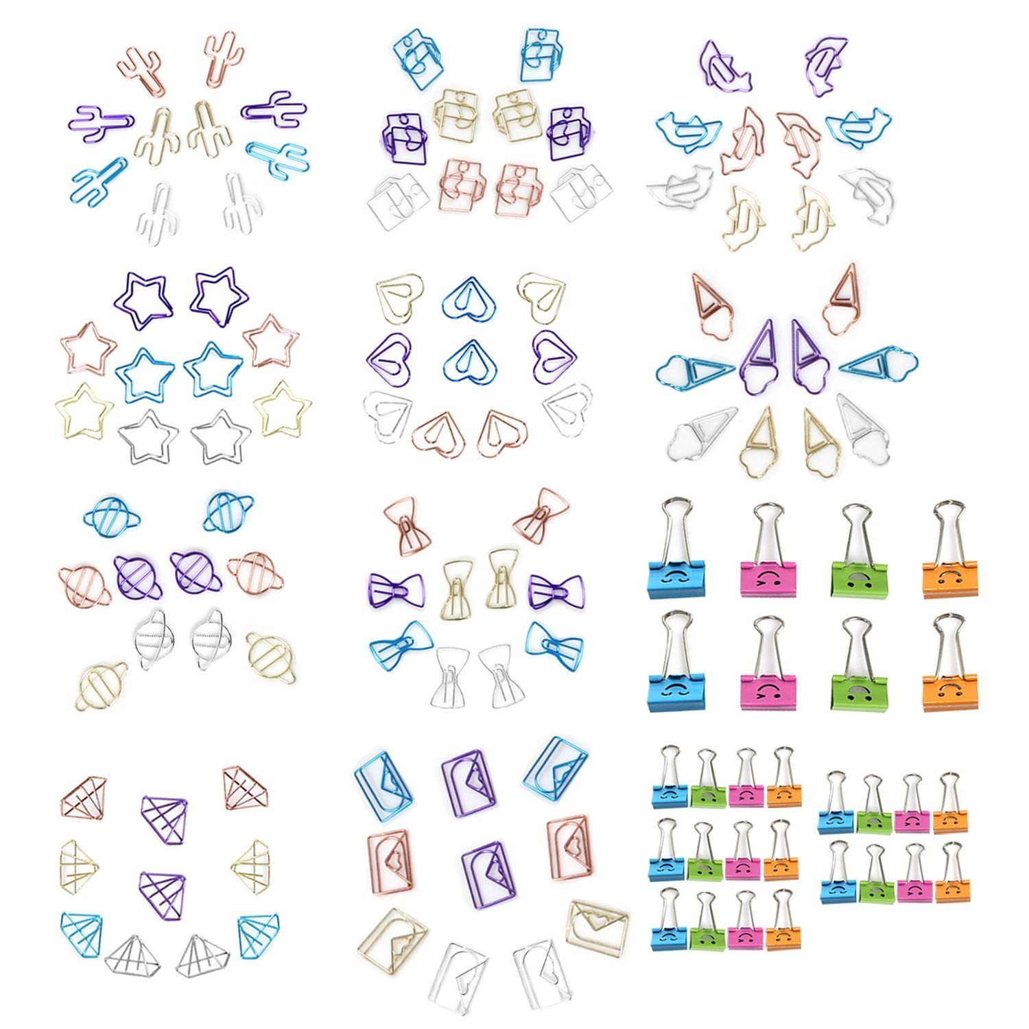Auson 128 Pcs Colorful Paperclips and Binder Clips Set, 10 Kinds of Cute Patt...
