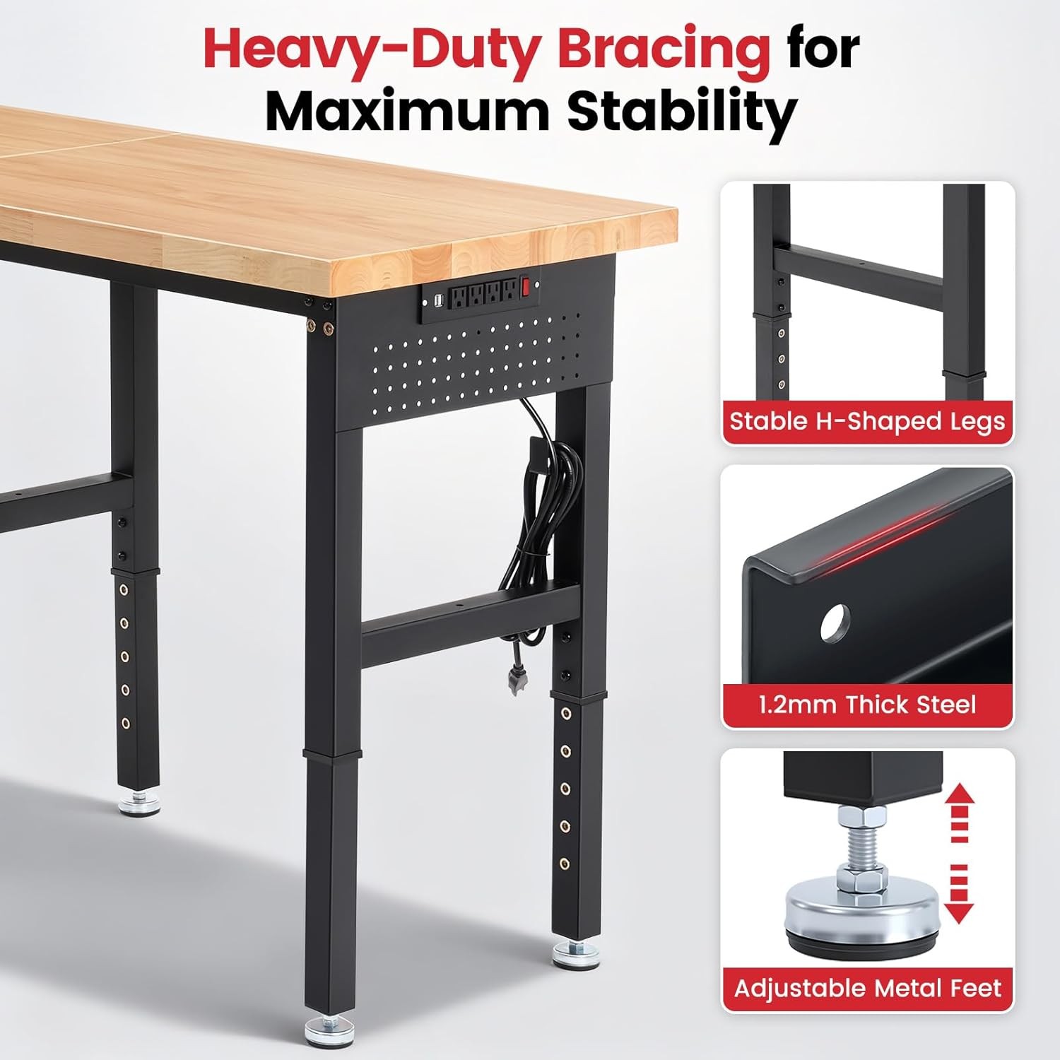 72 x 24 Inch Adjustable Height Work Table with Power Outlets & Extended Pegboard