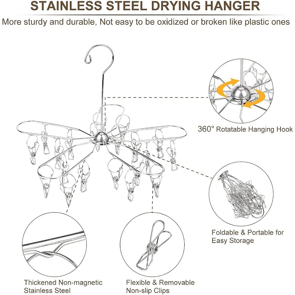 Foldable Stainless Steel Clothes Drying Rack with 20 Clips for Laundry Socks