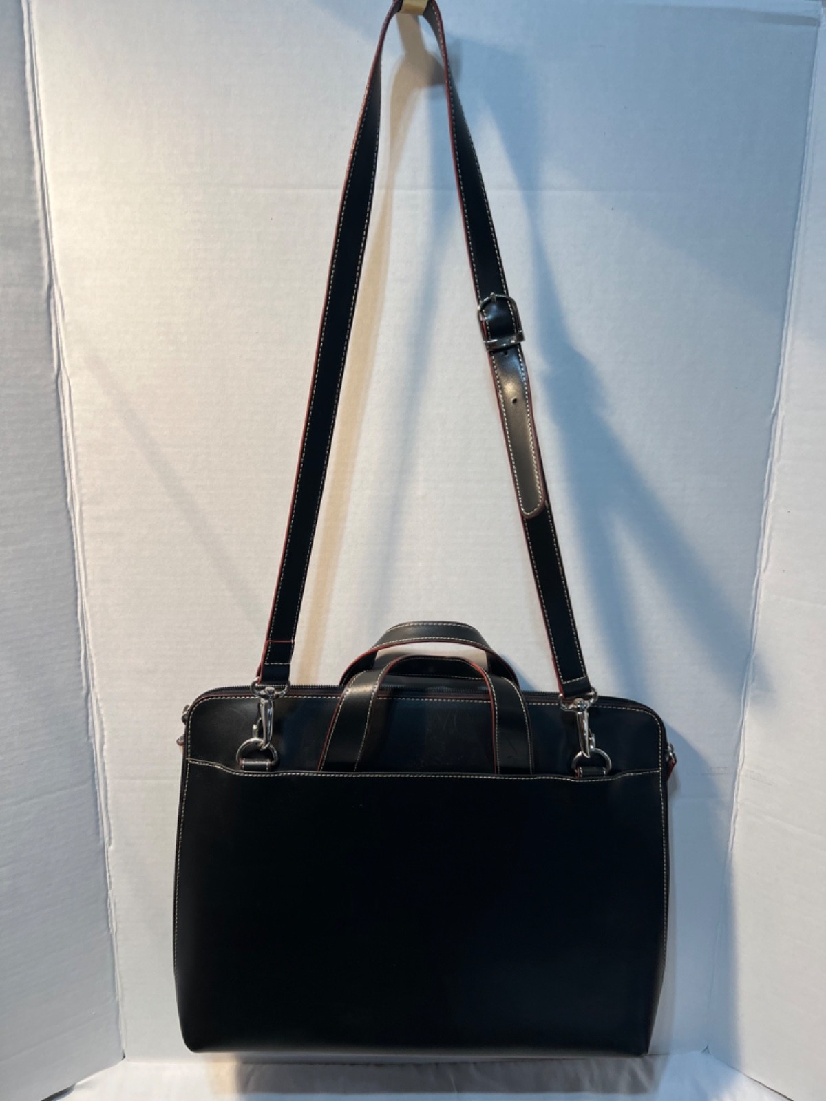Lodis Black Leather Laptop Briefcase Solid Zipper Closure Shoulder Strap Red/Blk