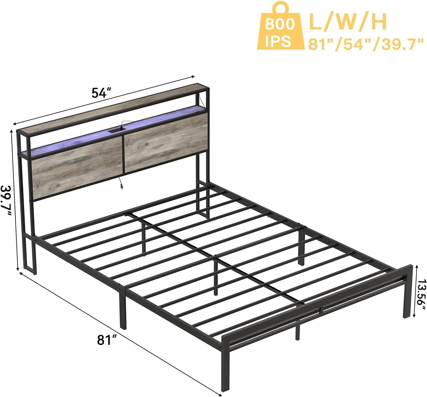 Full Bed Frame with Storage Headboard Metal Platform Bed with Lights, USB Por...