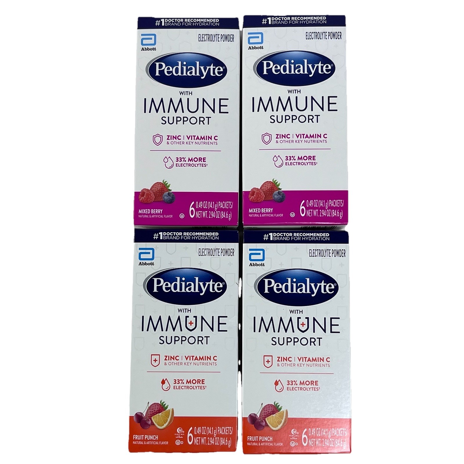 4 Pack Pedialyte Immune Support Electrolyte Powder 24 Total, Berry & Fruit Punch