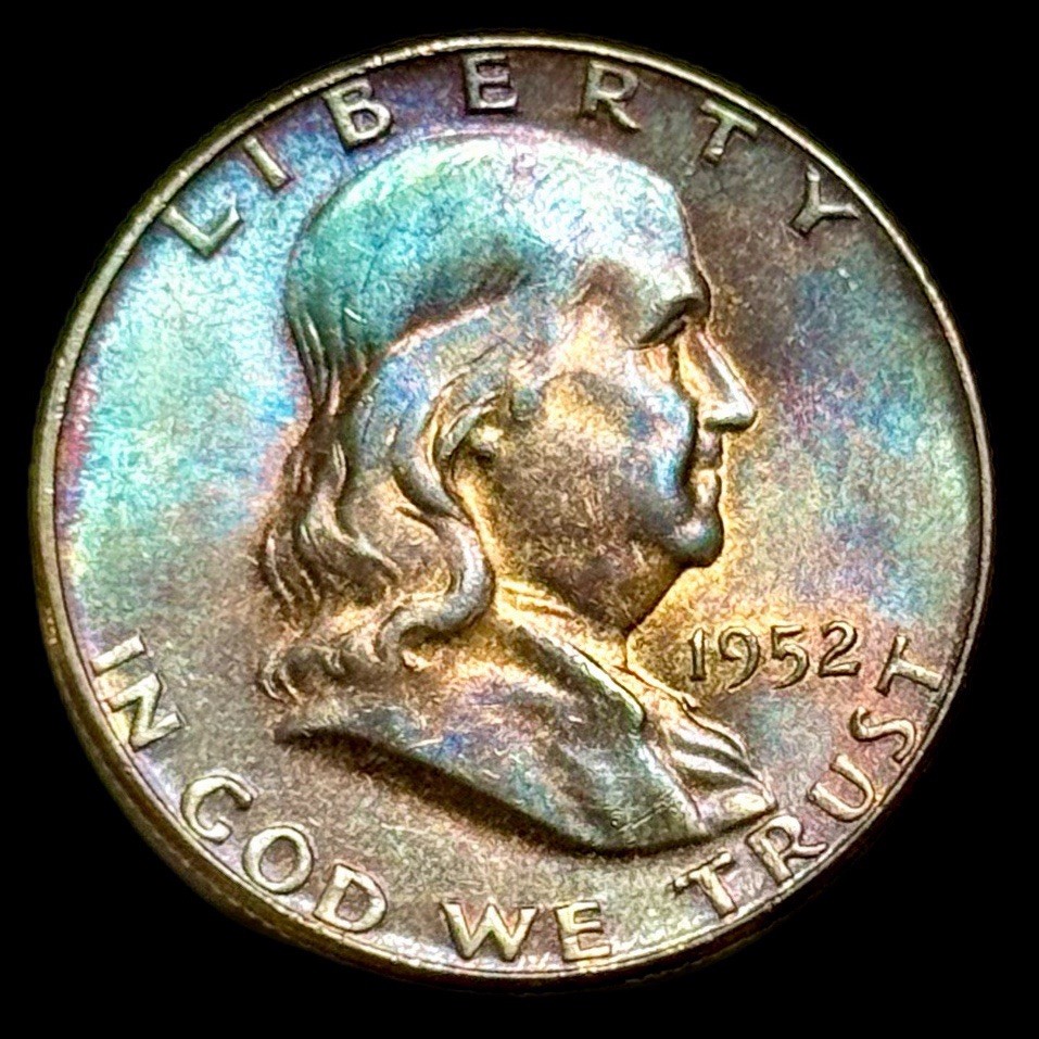 Franklin Half Dollar 1952 Uncirculated 90% Silver Coin Monster Rainbow Toning