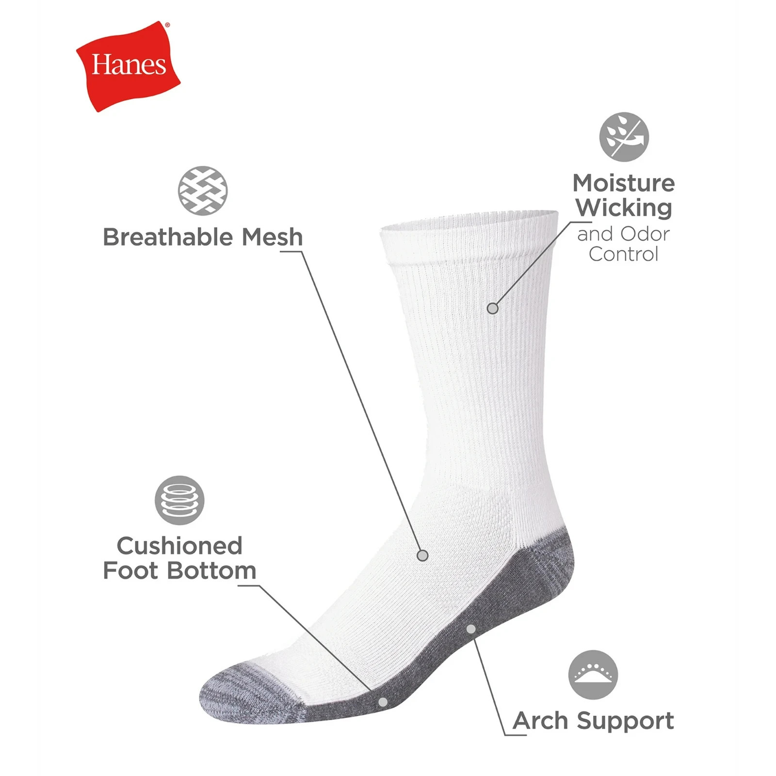 Hanes Men's X-Temp Cushioned with Arch & Vent Crew Socks, 12 Pack, Black, 6 - 12