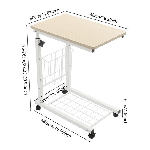 Height Adjustable Side Table With Wheels 2 Tier C Shaped Mobile Standalone Table