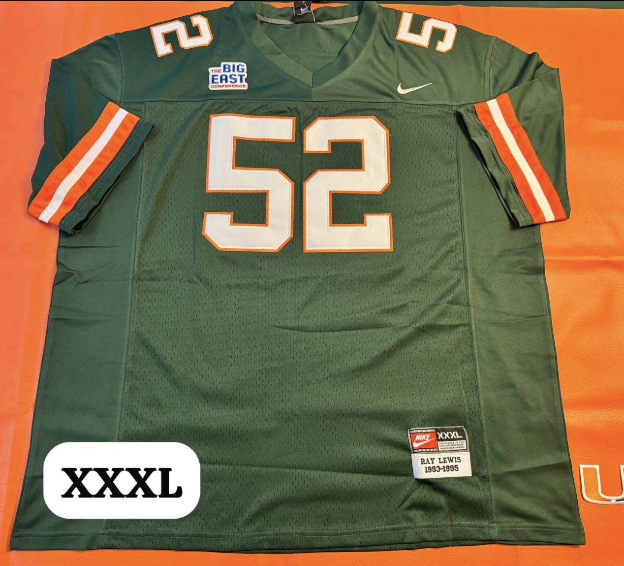 RAY LEWIS UNIVERSITY OF MIAMI HURRICANES JERSEY  NIKE JERSEY 1993  XXX LARGE