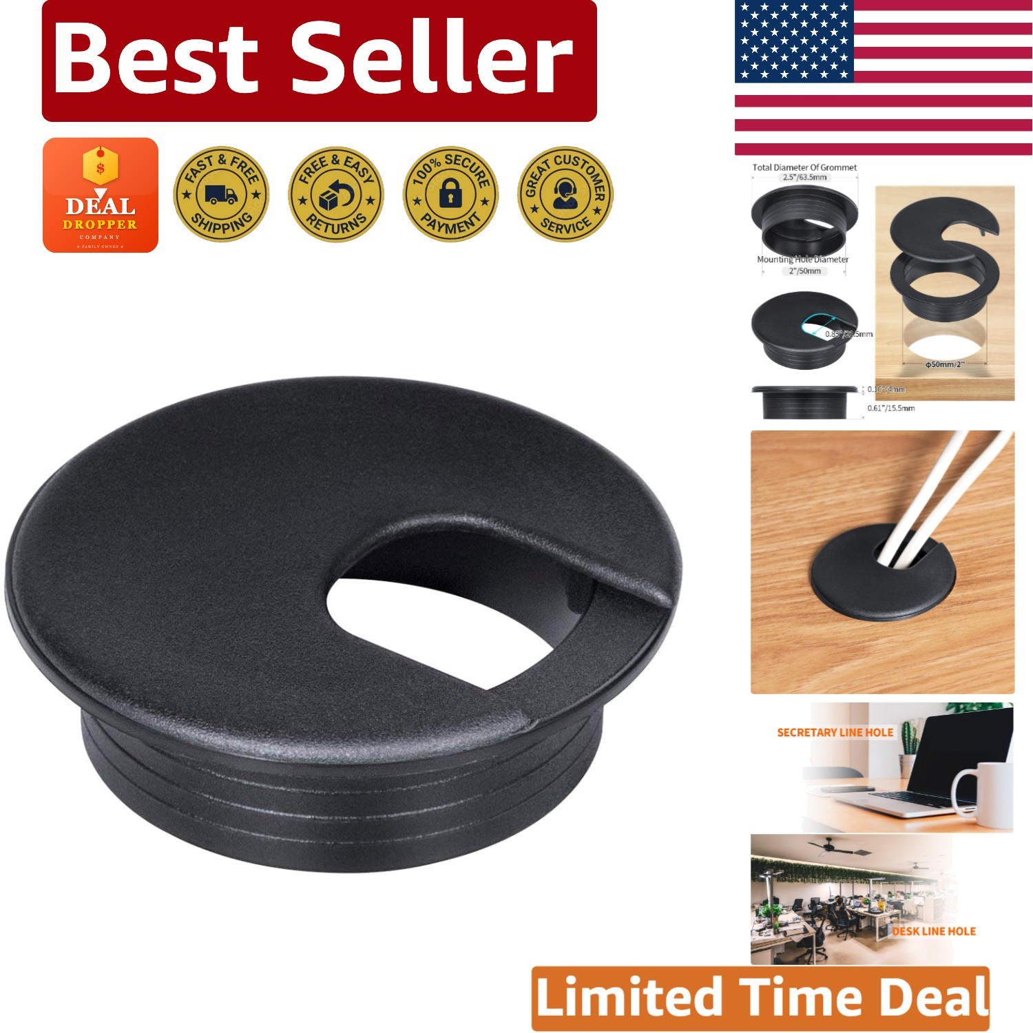 Effortless Desk Cable Organization: 2" Black Plastic Grommet Pack of 10