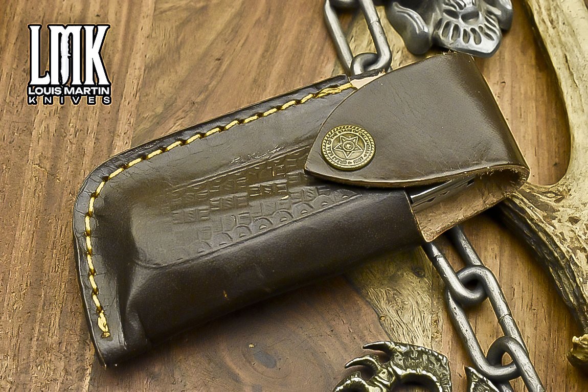 LMK Handmade Twist Damascus Folding Knife Walnut Wood Back Lock EDC