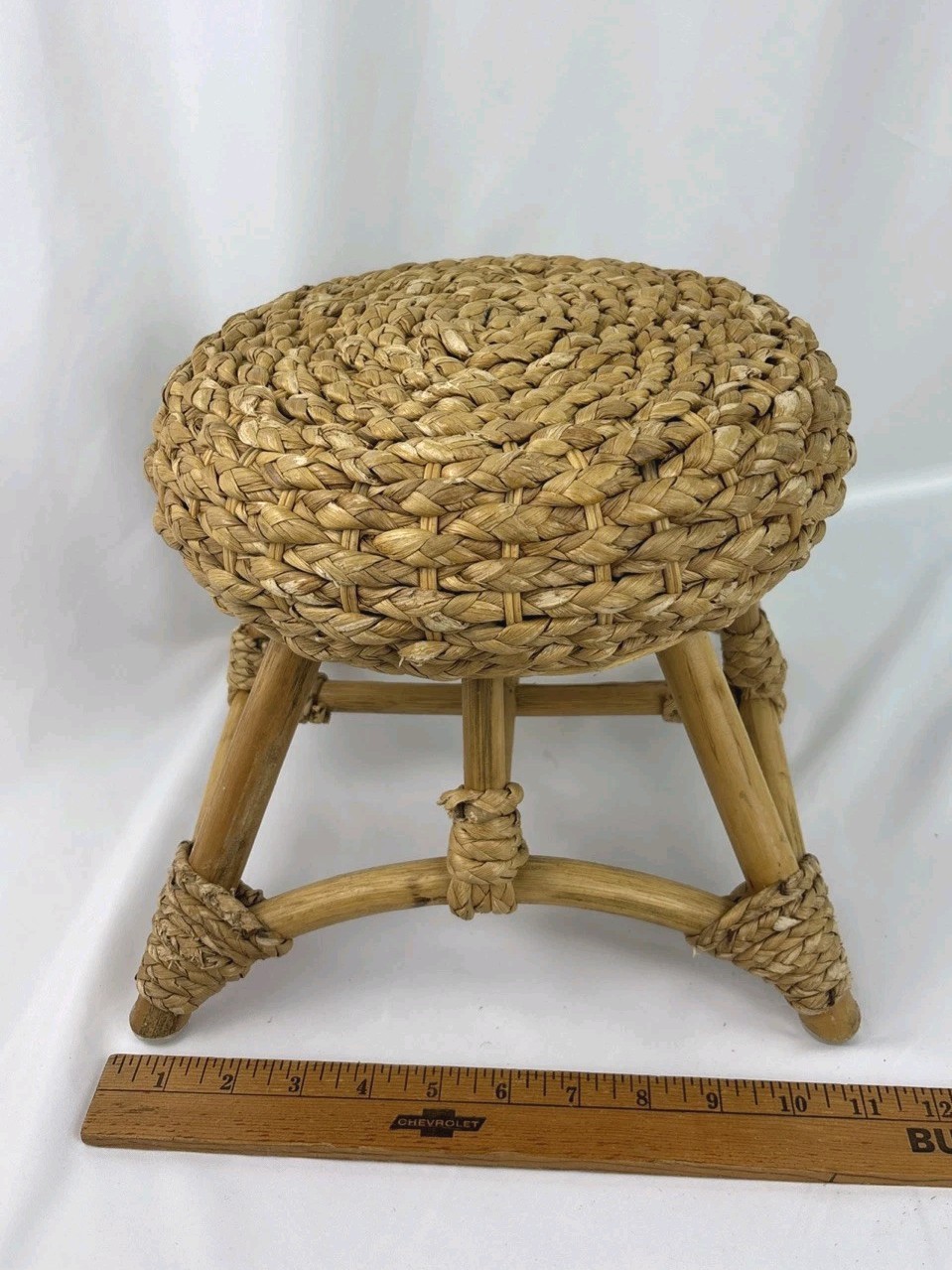 1960s Mid-Century Modern Stool, Plant Stand  Woven Bamboo Boho
