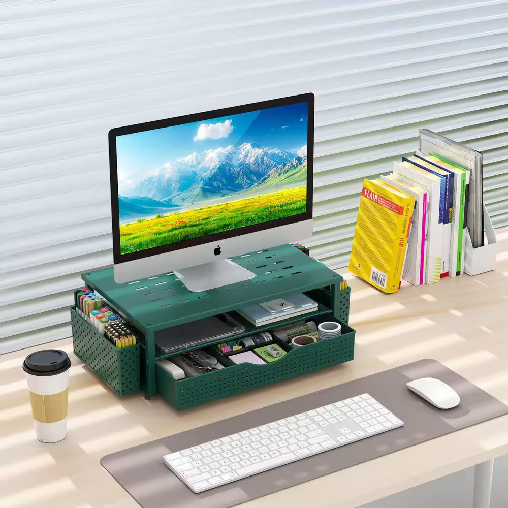 14.1 X 5.9 In. Green Alloy Steel Desktop Organizer and with Drawer and 2 Pen Hol