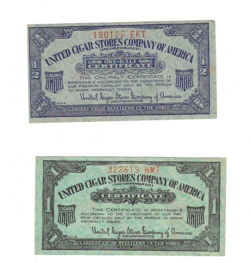 United Cigar Stores Company of America 2 Different Vintage Coupons 1/2 & 1