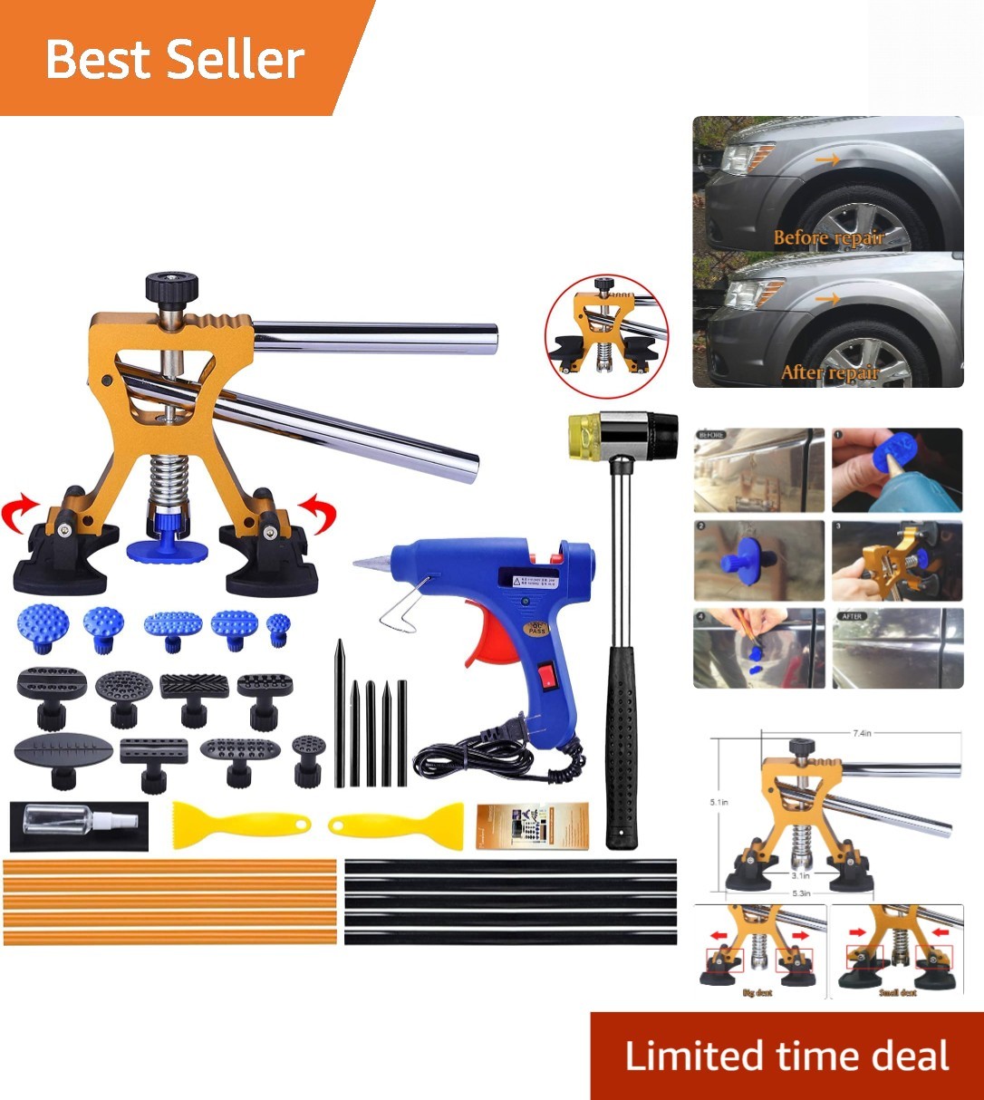 Ergonomic Golden Dent Puller with 35-Piece Auto Body Repair Kit for Precision