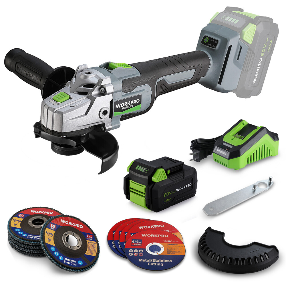 WORKPRO 20V Brushless Motor Cordless Angle Grinder Kits 4-1/2" Disc 4.0A Battery